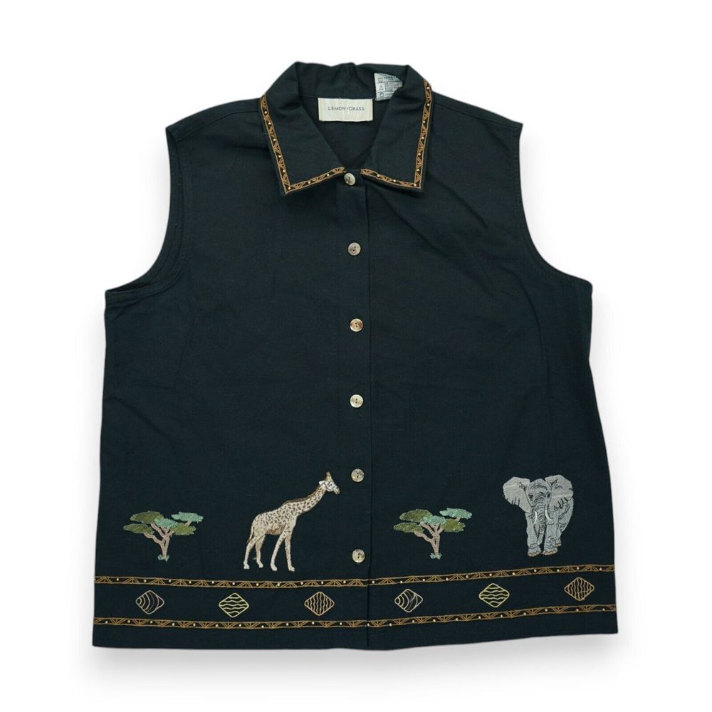 VTG Lemon Grass Jungle Safari Animals Women's Medium Black‎ Collared Sleeveless